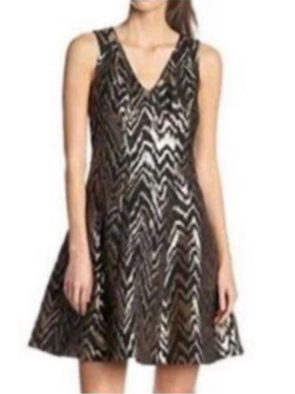 EUC Vince Camuto Black and Metallic Gold Chevron Cocktail/Party Dress, US10